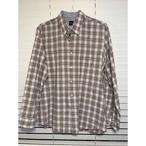 Hugo Boss Shirt Mens XL  OrangeGrey White Check Button Up Long Sleeve Cotton